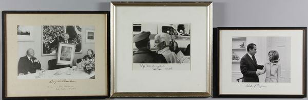 Three Autographed Photos: Collection of three (3) autographed photos including: Dwight Eisenhower, 8 3/4"h x 12 1/2"w (sight), 14 1/2"h x 17 1/4"w (frame); Richard Nixon, 7 5/8"h x 9 1/2"w (sight), Arthur Fiedler, 6 1/2"h x 8