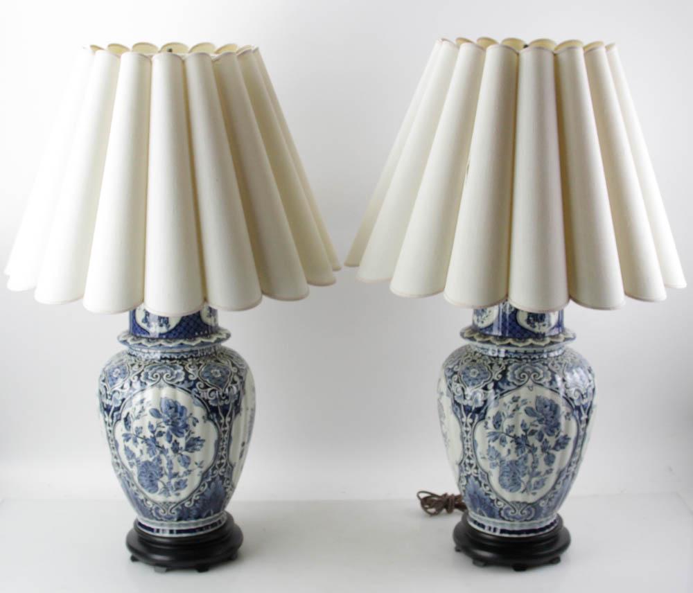 Pair of Blue and White Delft Lamps with Shades (1 of 11)