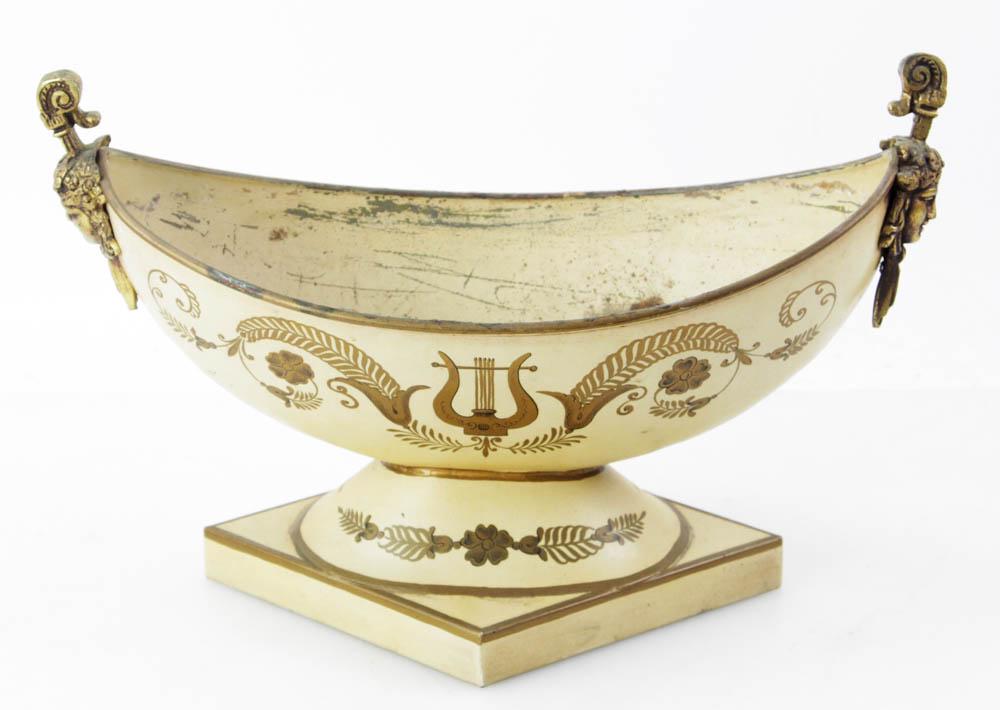 French Hand-Painted Planter: French hand-painted tole planter having bronze mounts, 9" H x 14" W x 7" D. Provenance: Palm Beach, Florida estate.