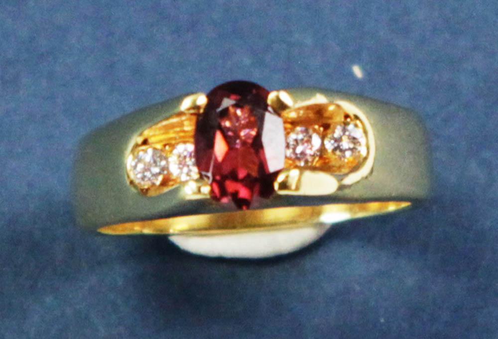 18k Yellow Gold Diamond and Rhodolite Ring: 18k yellow gold, diamond and rhodolite ring, size 7. Approximately 7 grams TW. Provenance: Chestnut Hill, Massachusetts collection. PLEASE NOTE: payment for silver, gold, jewelry, and coins must be ma