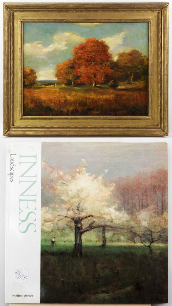 Attr to George Inness, Autumn Landscape: Attributed to George Inness (American, 1825-1894), autumn landscape, oil on canvas, signed L/L, 18 1/4" x 24", framed 25" x 31". With book on Inness landscapes. Provenance: Bedford, Massachusetts coll
