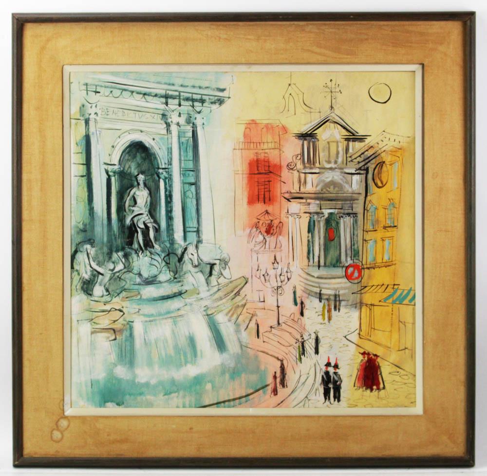 Trevi Fountain Watercolor, Signed Cunningham (1 of 7)