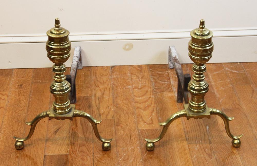 Pair of Brass Chippendale Style Andirons: Pair of brass Chippendale style andirons, 19". Provenance: Palm Beach, Florida.
