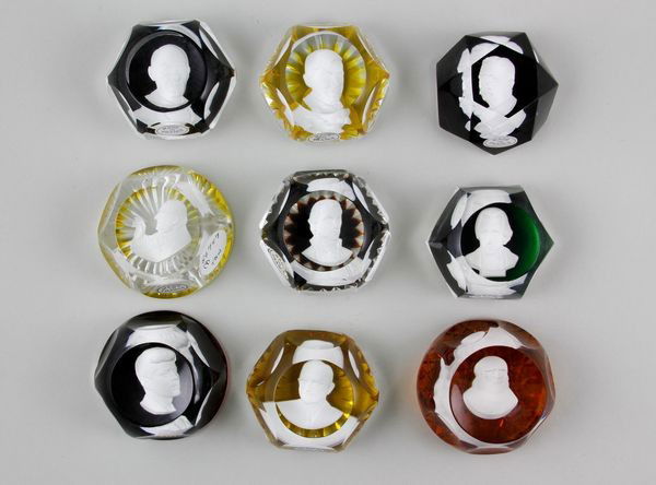9 Sulphide Paperweights: Nine (9) sulphide paper weights of famous personalities to include: Andrew Jackson, Will Rogers, James Munroe, Da Vinci, Adelie Stevenson, Pope John XXIII, Teddie Roosevelt, Harry Truman, John F. Kenn
