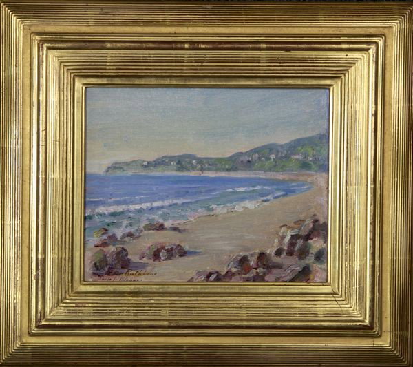 Blenner, "Laguna Beach, California", O/P: Carle J. Blenner (American 1864 - 1952), oil on wooden panel, signed and dedicated lower left "to Dr. Rathbone", titled verso "Laguna Beach, California", gilt frame, 7 1/2" x 9 1/2", 14 1/2" x 16 1/2"