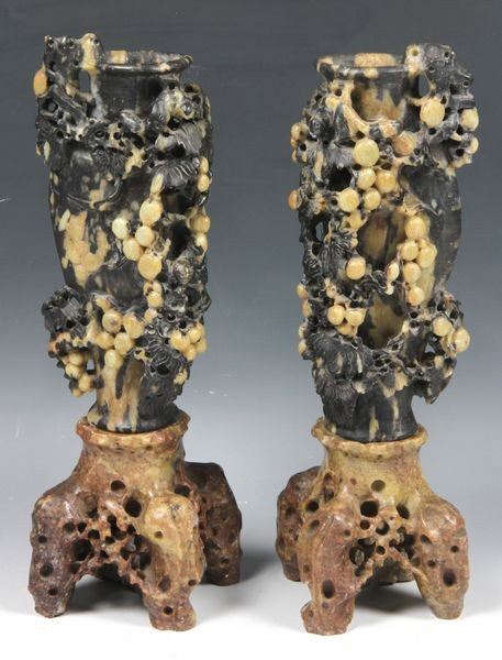 Two (2) 20th C. Soapstone Vases: Two (2) soapstone vases, 20th century, carved with protruding pierced design, consisting of two parts, 9 1/2"h.