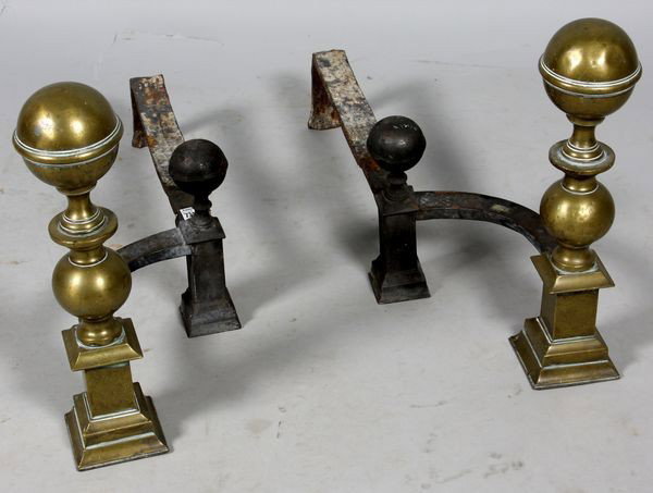 Pair of Brass Andirons: Pair of brass ball top andirons signed John Melineux, Boston, with log hoops, 16 3/4"h x 24"d. Good condition.
