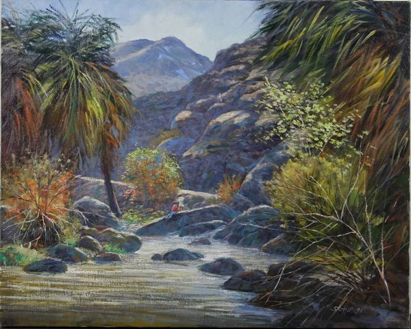 Stoffa, "Shangrila", O/C: Michael Stoffa (American, Rockport artist, 1923-2001), "Shangrila" (Palm Springs site of the movie), oil on canvas, signed lower right "Stoffa 91", 24" x 30" unframed.