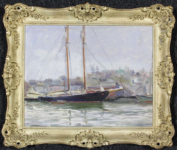 Rockport School, Boats in a Harbor, O/C: Rockport School in the style of Jane Peterson, boats in a harbor, oil on canvas board, 16"h x 20"w (sight), 21"h x 25"w (frame).