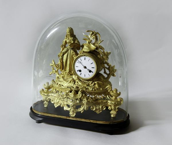 19th C. French Bronze Mantle Clock: 19th century, French, mantle clock, bronze, Mourey, with pedestal and glass dome, dore finish, 12 3/4"h x 12 3/4"w (clock), 16"h x 15"w (dome). Hairline to face, missing glass on face, missing rear co