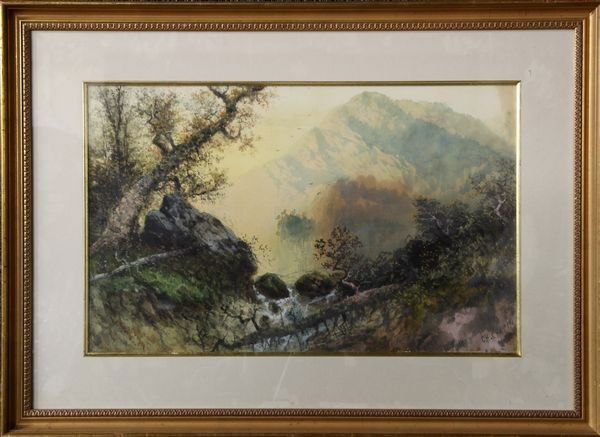 Chapin, Mirror Lake, Adirondacks, W/C: Charles H. Chapin (American, 1830-1889), Mirror Lake, Adirondacks, watercolor on paper, 1881, signed lower right, 16" x 25", 25 1/2" x 35" (frame).