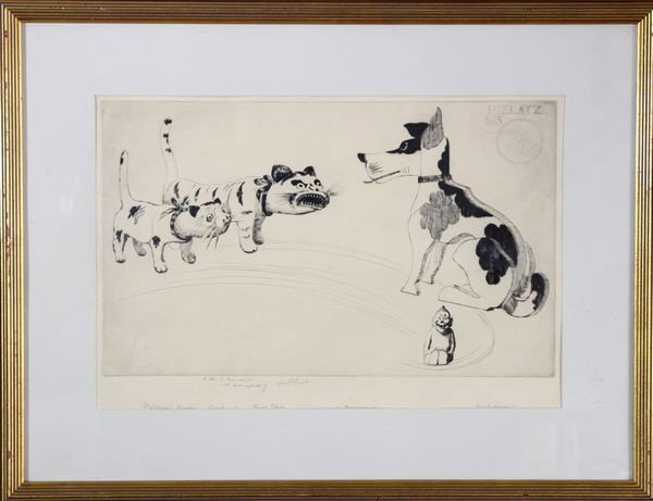 Mielatz, 2 Cats and a Dog, Etching: Charles Frederick (William) Mielatz (American, 1864-1919), two cats and a dog, first state etching, signed and dated 1915 in etching upper right, inscribed and signed under etching, 10 7/8" x 17 5/8"