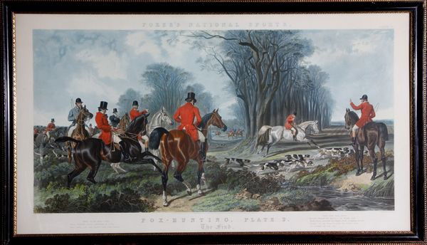 19th C. English Sporting Print: 19th century, English sporting print, "Fores's National Sports", "Fowl Hunting Plate 2, The Find", London 1852, 24 3/4"h x 44 3/4"w (sight), 28"h x 48"w (frame).