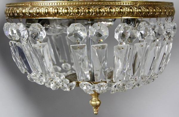 Crystal Ceiling Light: French style flush mount ceiling light having hanging prisms and mirrored top, 9"h x 12"dia.