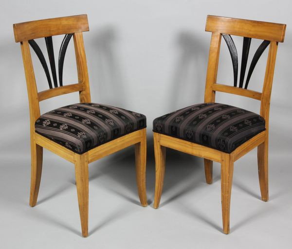 Pair of Biedermeier Chairs: Pair of 19th Century Biedermeier chairs, ebonized and birch, 16 1/2" x 36" x 16".