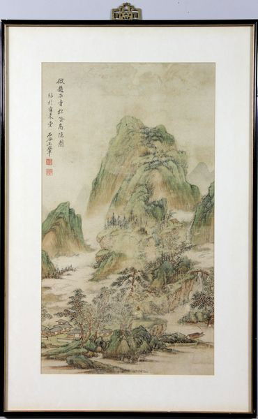 Chinese 20th C. Landscape Print: Landscape print, China, 20th century, framed, 21"h x 11 1/2"w (image), 26 1/2"h x 17 1/4"w (frame).