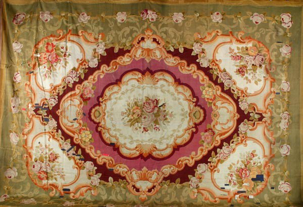 19th C. French Aubusson Rug: 19th Century French Aubusson rug, 17' x 12' 8", from the estate " Howards Neck" of Piedmont , VA. Beautiful light colors, old condition, need some repair.