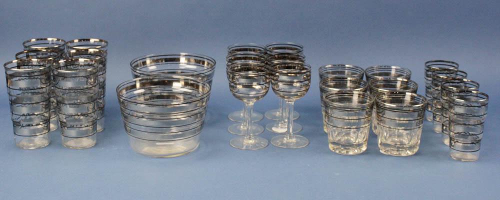 Fenton Radiobar Glassware: Fenton radiobar glassware, to include: (6) tumblers, 5"; (6) manhattans, 3 1/2"; (6) wines, 4 7/8"; (4) juice, 3 7/8"; (2) ice bowls, 3 3/4". Provenance: Melrose, Massachusetts collection.