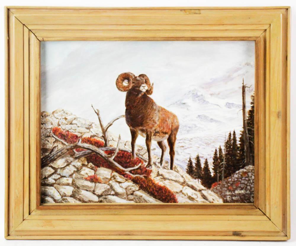 Bill Adams, Big Horn Sheep, Oil on Board: Bill Adams, big horn sheep, oil on board, dated 1982, 14" x 18", framed 19" x 23". Provenance: Nashua, New Hampshire collection.