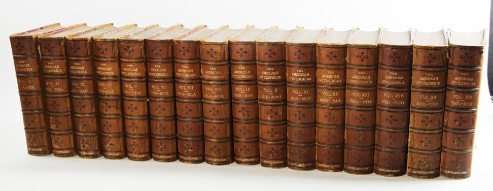 16 Volumes of American Encyclopedia: Set of 16 volumes of American Encyclopedia, New York, D. Appleton and Company, half leather and marbled boards with fixated binding and edges. Provenance: Salem, Massachusetts estate.