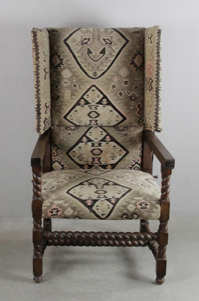 Kilim Upholstered Wing Chair: Kilim upholstered wing chair. Provenance: Miami Beach, Florida collection.
