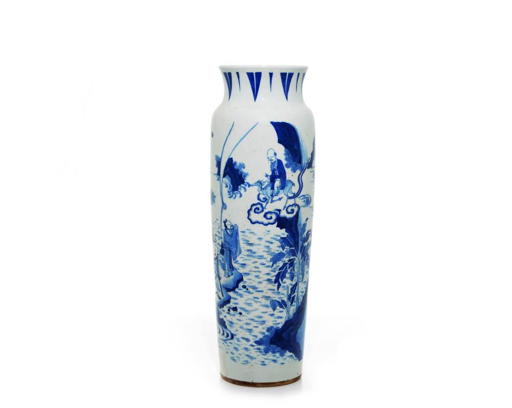 Chinese Blue and White Porcelain Vase: Cylindrical vase decorated with a continuous scene of Daoism immortals gathering in a heavenly landscape, H: 19 IN