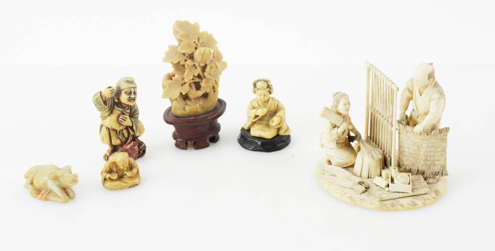 Group of Antique Bone Figures: Group of (6) antique bone figures. Provenance: Estate of the late Richard B. Desmond, Folly Cove, Gloucester, Massachusetts.