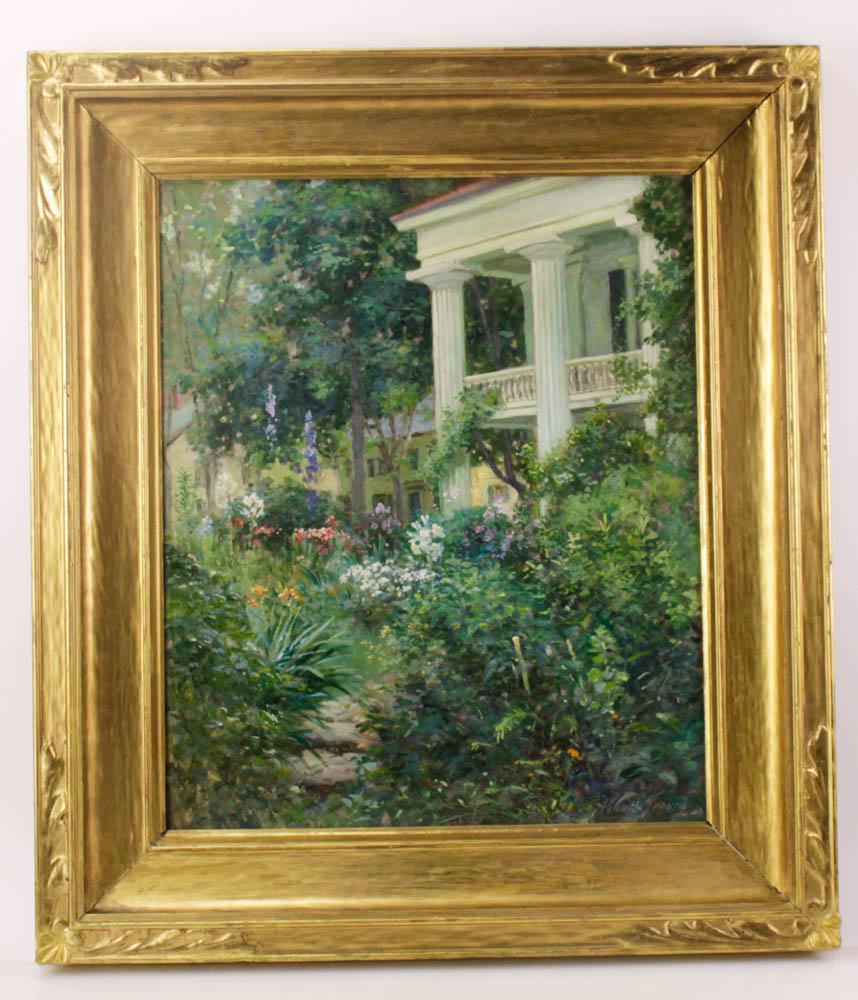 Abbott Fuller Graves, Maine View, Oil on Canvas: Abbott Fuller Graves (American, Maine artist, 1859-1936), Maine view with houses, oil on canvas, signed L/R, 24" x 20", having original hand-carved gold frame 32" x 29". Provenance: Wakefield, Massach