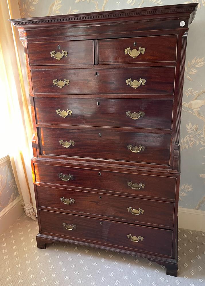 English Chippendale Mahogany Chest-on-Chest: English Chippendale mahogany chest-on-chest with brass hardware, 68" H x 44" W x 22" D. Provenance: Wellesley, Massachusetts estate.