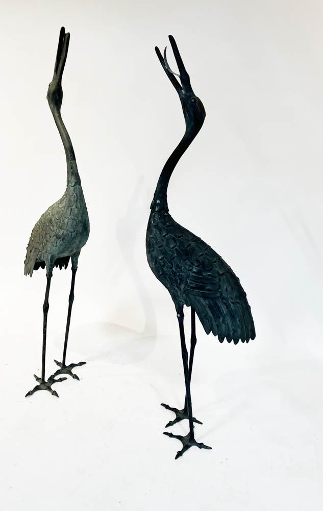 Pair of Tall Bronze Cranes with Raised Beaks (1 of 7)