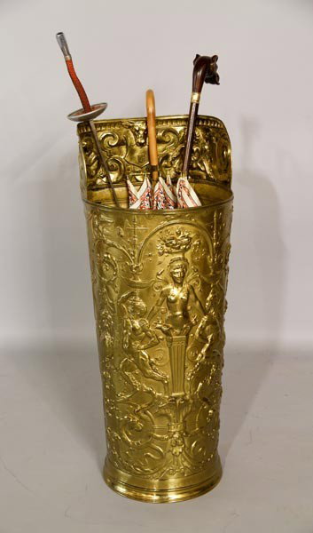 Embossed Brass Umbrella Stand: Embossed brass umbrella stand, 35"h.