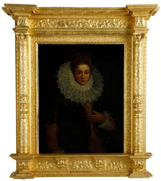 Attr. Pourbus, Portrait, O/B: 17th century portrait of a woman, oil on board, attributed to Frans Pourbus the Younger (Flemish, 1570-1622), 36"h x 28"w (sight), exceptional gilt gesso frame, 53 1/2"h x 47"w. Labeled Francis Pourbu