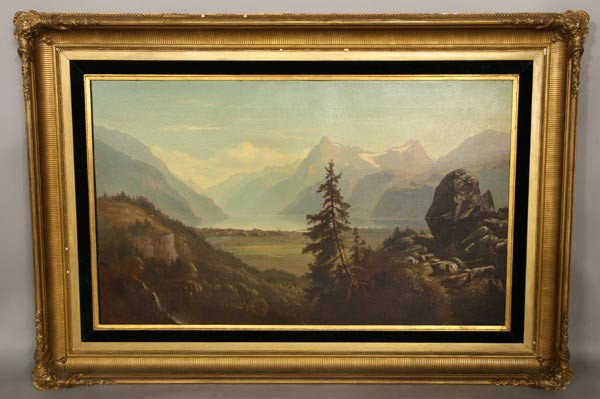19th C. Champney, Mountain Scene, O/C: Benjamin Champney, mountain scene, oil on canvas, signed and dated 1867 lower right, 30 1/2"h x 50"w (sight), 44"h x 66"w (frame).