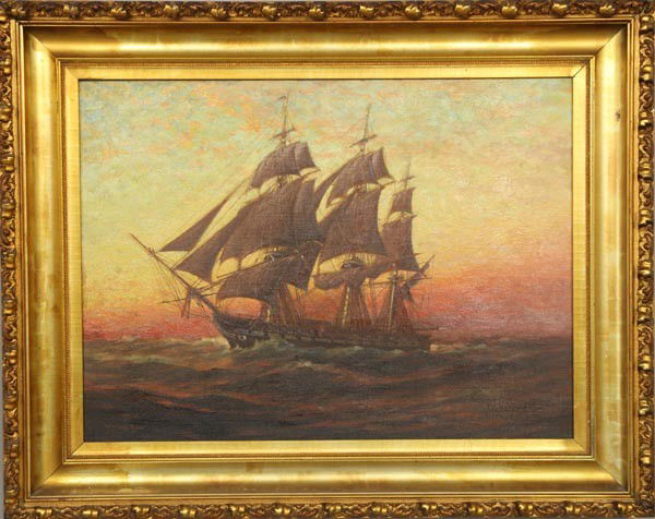 Clark, 3-Masted Ship, O/C: Myron Clark (American, 1858-1923), three masted ship at sail, oil on canvas, signed lower left, original gilt frame, 20"h x 27"w (sight), 28"h x 34"w (frame)