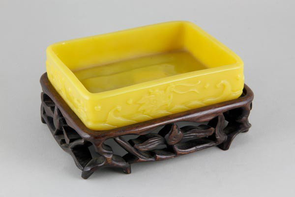 Chinese Peking Glass Brush Washer: Chinese brush washer, Peking glass, with stand, 1 1/8"h x 5"w x 3 3/4"d.