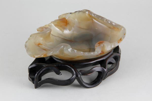 Chinese Agate Brush Washer: Chinese brush washer, agate, with wooden stand, 1 1/4"h x 5 3/4"w x 4"d.