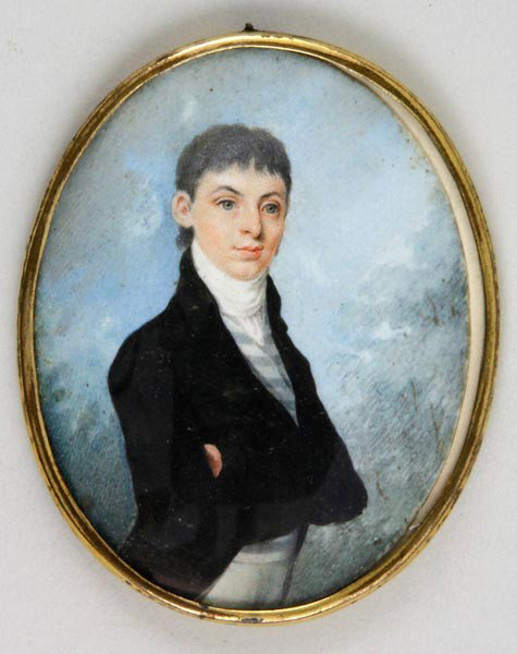 18th C. Portrait Miniature on Ivory: 18th century, portrait miniature on ivory of young man, in metal frame, 2 1/2"h x 2"w (sight), 2 7/8"h x 2 1/8"w (frame). Provenance: Frederika Maria Beer-Monti, Vienna, Aaron and Greta Shapiro by des