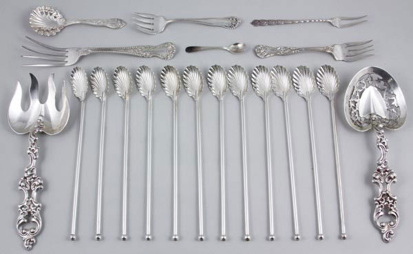 Lot of Sterling Flatware: Lot of sterling silver flatware to include silvercraft salad set, 12 unmarked shell shaped ice tea spoons (tested sterling), 6 assorted forks and spoons, no monograms, approximately 17.2 troy oz tw.