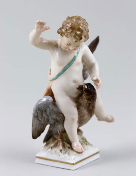 German KPM Porcelain Cherub: German KPM cherub on winged bird, porcelain, 4 1/4"h x 3 1/4"w.