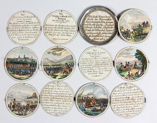 12 19th C. Miniature Prussian Engravings: Twelve 19th century, miniature engravings, Prussian, hand-colored cardstock, military motif with accompanying text, dated 1813, all in embossed tin case dated 1813, "Eintracht Uberwindet Alles Heil Eu