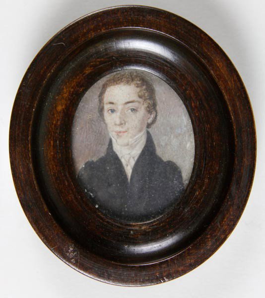 18th C. Portrait Miniature on Ivory: 18th century, portrait miniature on ivory of a young man, in wood frame, 1 1/2"h x 1 1/4"w (sight), 2 3/4"h x 2 3/8"w (frame). Provenance: Frederika Maria Beer-Monti, Vienna, Aaron and Greta Shapiro b