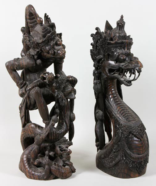 Balinese Carved Figures: Balinese carved wood figures, 18", 17".