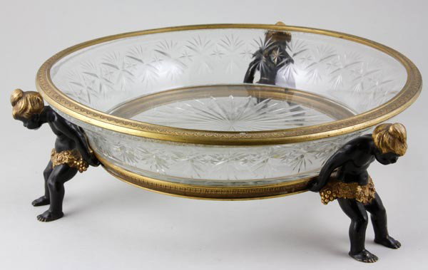 Austrian Dore Center Bowl: Antique Austrian Dore bronze center bowl with blackamoor figures holding cut glass center bowl, 12"dia.