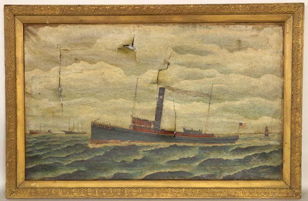 Friestad, Nautical of Ship 'Cuba', O/C: P. Friestad, nautical of ship 'Cuba', oil on canvas, signed lower right, 22" x 36", 26 1/2" x 40 1/4" (frame). Tears.