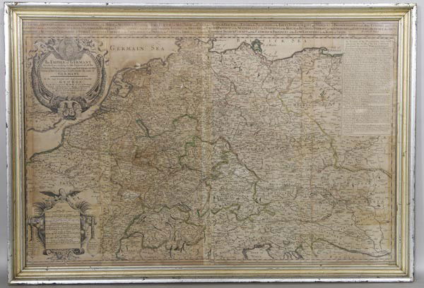 Engraved Map of Germany: Engraved map of Germany titled "the Empire of Germany" by Henry Overton, 1742, "London sold by Henry Overton at the sign of the White Hors without Newgate", hand colored, 22 3/4" x 34 5/8", 25 3/4" x