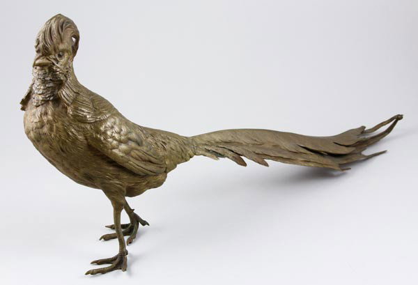 Bergman, Figure of a Pheasant, Bronze: Franz Bergman (1898-1963), Austrian bronze figure of a pheasant, marked under tail, 8 3/4"h x 18 1/2"l. Tip of tail broken off, tail slightly bent, lacking paint.