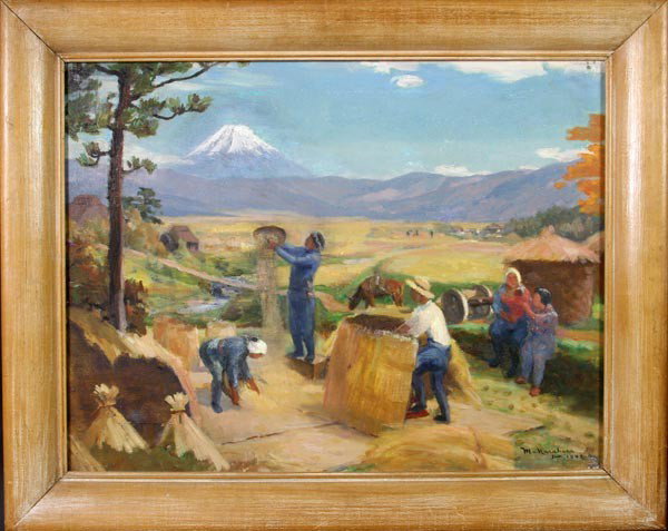 20th C. Japanese Oil Painting: Oil painting, Japan, 20th century, of a harvest scene with Mt. Fiji in the background, signed "M. - harahara", 21 1/2"h x 15 1/2"w.