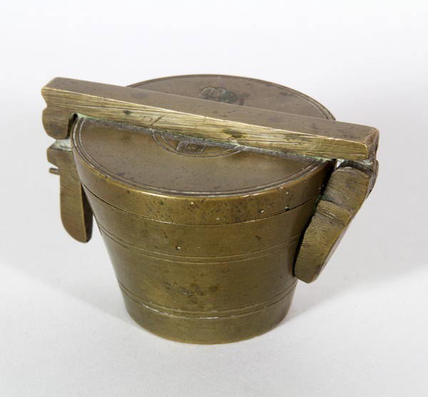 Set of German Measuring Cups: Set of German measuring cups, brass, 1 3/4"h x 2 3/4"w. (E1879)