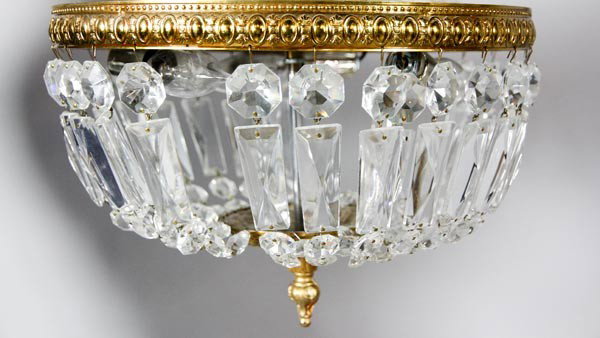 Crystal Ceiling Light: French style flush mount ceiling light having hanging prisms and mirrored top, 9"h x 12"dia. Possibly missing some prisms.