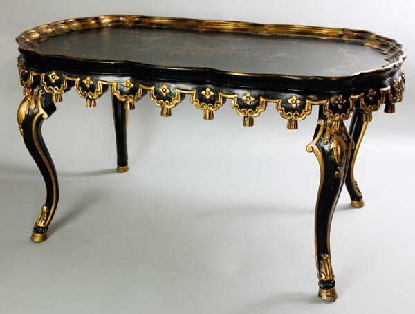 Chelsea House Coffee Table: Coffee table, by Chelsea House, black floral with gold apron, 22"h x 43"w x 20"d.